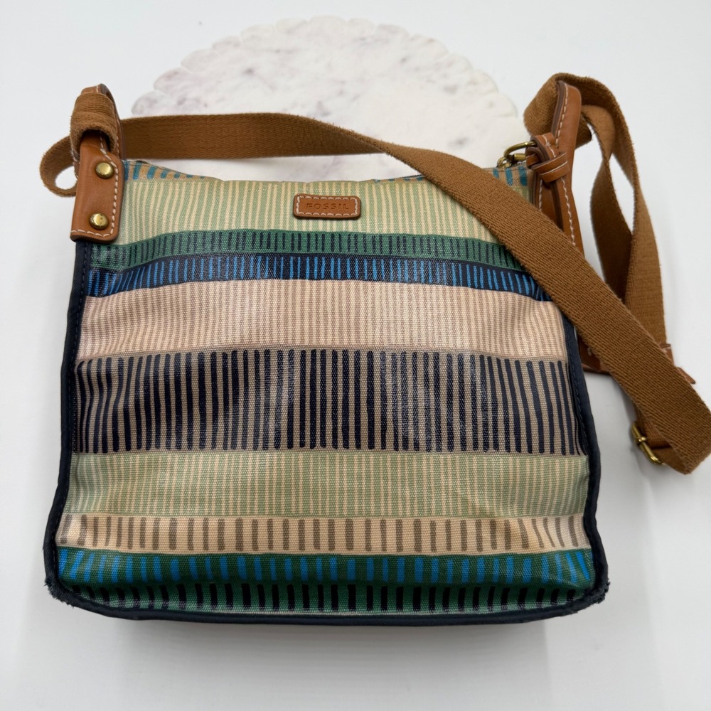 Fossil Key-Per Striped Coated Canvas Crossbody Bag Blue Green Tan Messenger